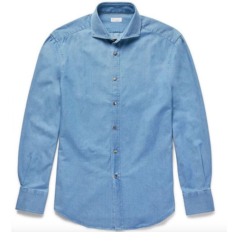 Slim-Fit Cutaway-Collar Washed-Denim